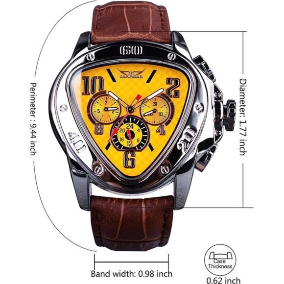 Fashion Mechanical Wrist Watch Triangle Racing Dial, Skeleton Dial, Yellow - Picture 5 of 7